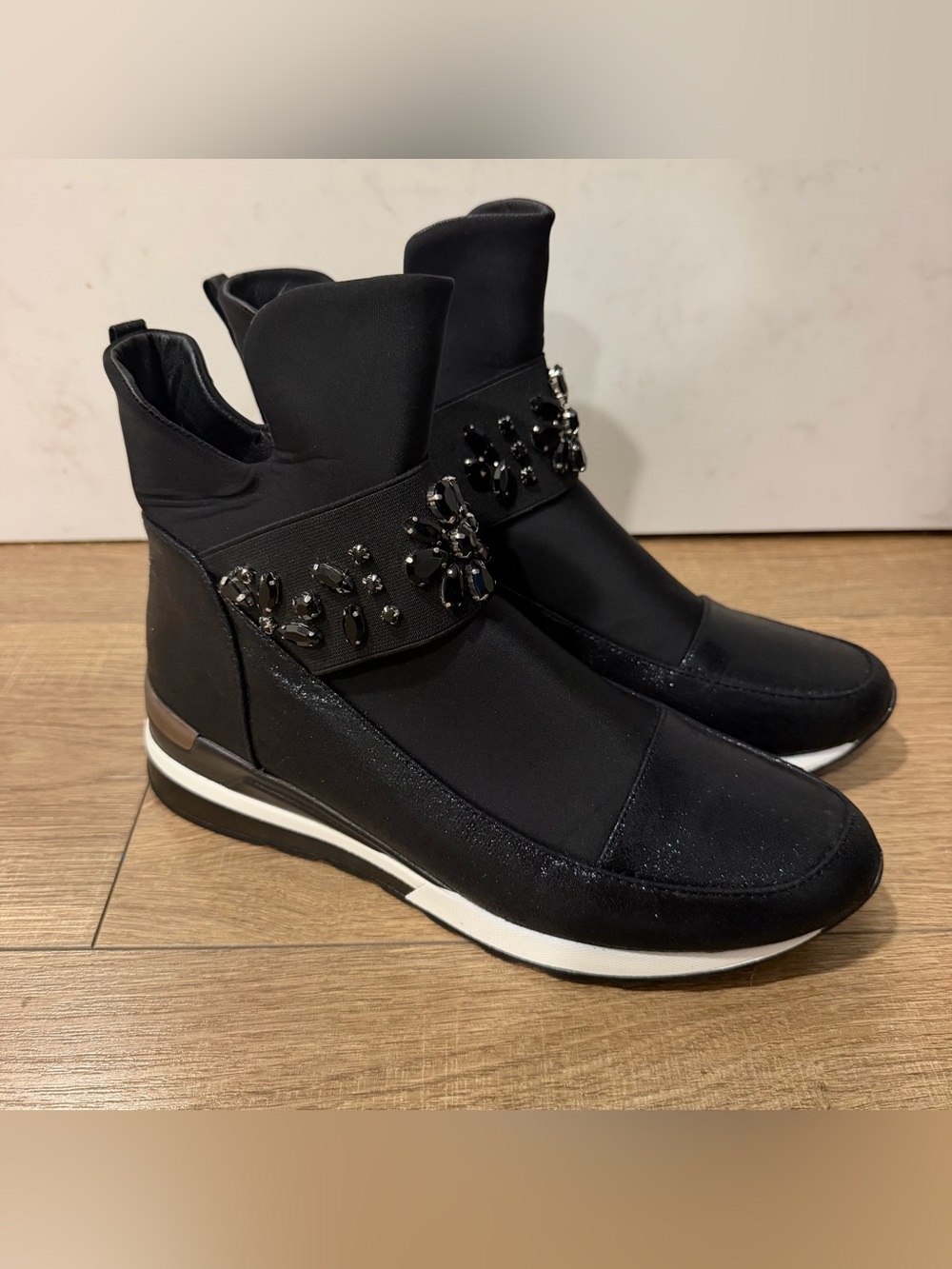 Atalina, Black Embellished Women's Ankle Sneakers Booties